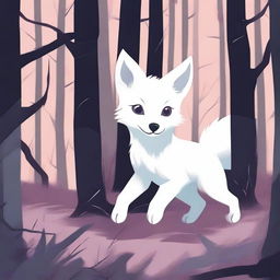 A white fox pup, scared and with a hint of blood, is seen running through a dark and scary forest, depicted in a pastel art style