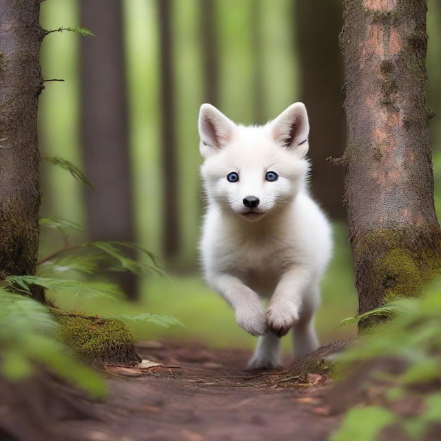 A scared white fox pup is seen running through a dense forest, trying to escape from a hunter