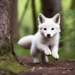 A scared white fox pup is seen running through a dense forest, trying to escape from a hunter