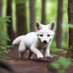 A scared white fox pup is seen running through a dense forest, trying to escape from a hunter