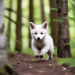 A scared white fox pup is seen running through a dense forest, trying to escape from a hunter