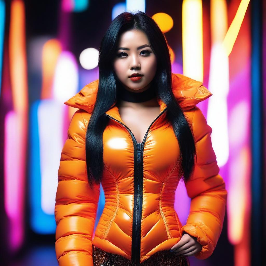 A stylish Asian woman wearing a tight, shiny orange puffer corset, posing confidently in a modern urban setting with vibrant neon lights