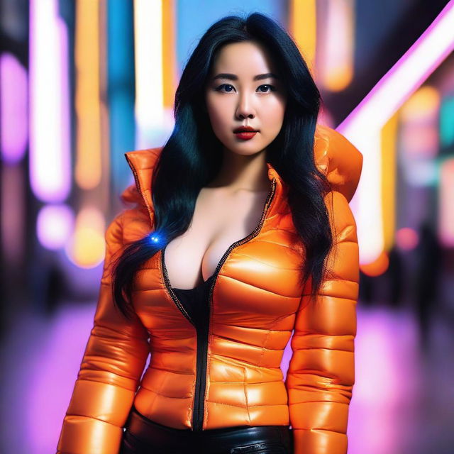 A stylish Asian woman wearing a tight, shiny orange puffer corset, posing confidently in a modern urban setting with vibrant neon lights