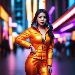 A stylish Asian woman wearing a tight, shiny orange puffer corset, posing confidently in a modern urban setting with vibrant neon lights