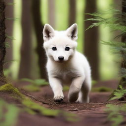 A scared white fox pup is seen running through a dense forest