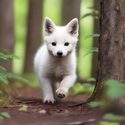 A scared white fox pup is seen running through a dense forest