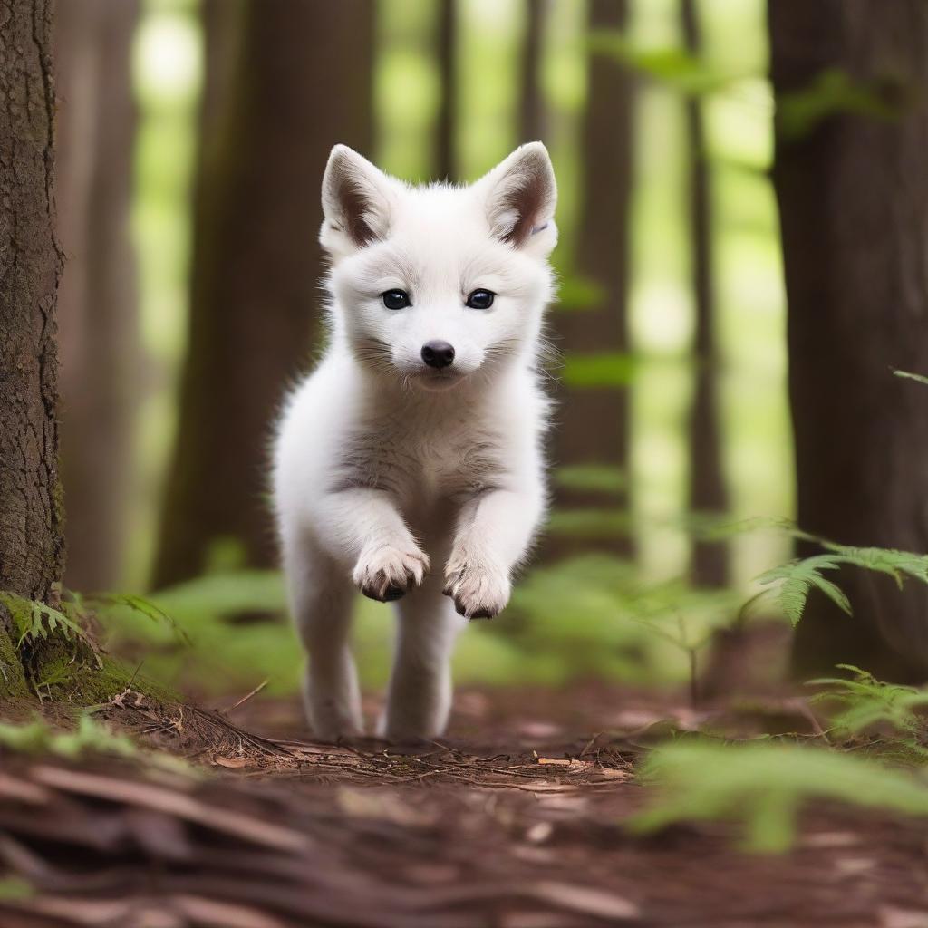 A scared white fox pup is seen running through a dense forest