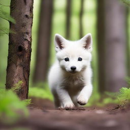 A scared white fox pup is seen running through a dense forest