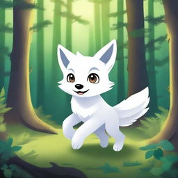 A scared white fox pup is seen running through a mystical forest, depicted in a fantasy style