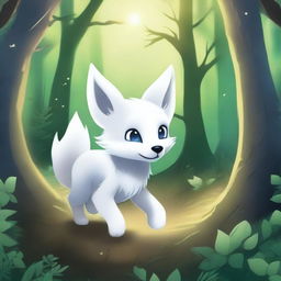 A scared white fox pup is seen running through a mystical forest, depicted in a fantasy style