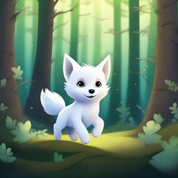 A scared white fox pup is seen running through a mystical forest, depicted in a fantasy style