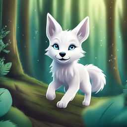 A scared white fox pup is seen running through a mystical forest, depicted in a fantasy style