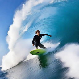 A surfer riding a massive wave, captured in the middle of an exhilarating action