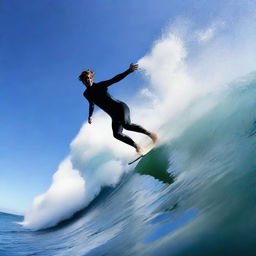 A surfer riding a massive wave, captured in the middle of an exhilarating action