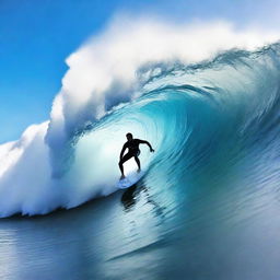 A surfer riding a massive wave, captured in the middle of an exhilarating action