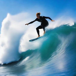 A surfer riding a massive wave, captured in the middle of an exhilarating action