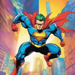 A vibrant and colorful comic book cover featuring a superhero in an action pose