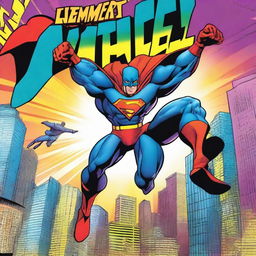 A vibrant and colorful comic book cover featuring a superhero in an action pose