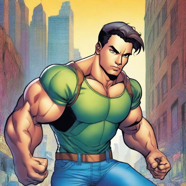 A colorful comic book cover featuring a male superhero with olive skin, dark eyes, and brown hair