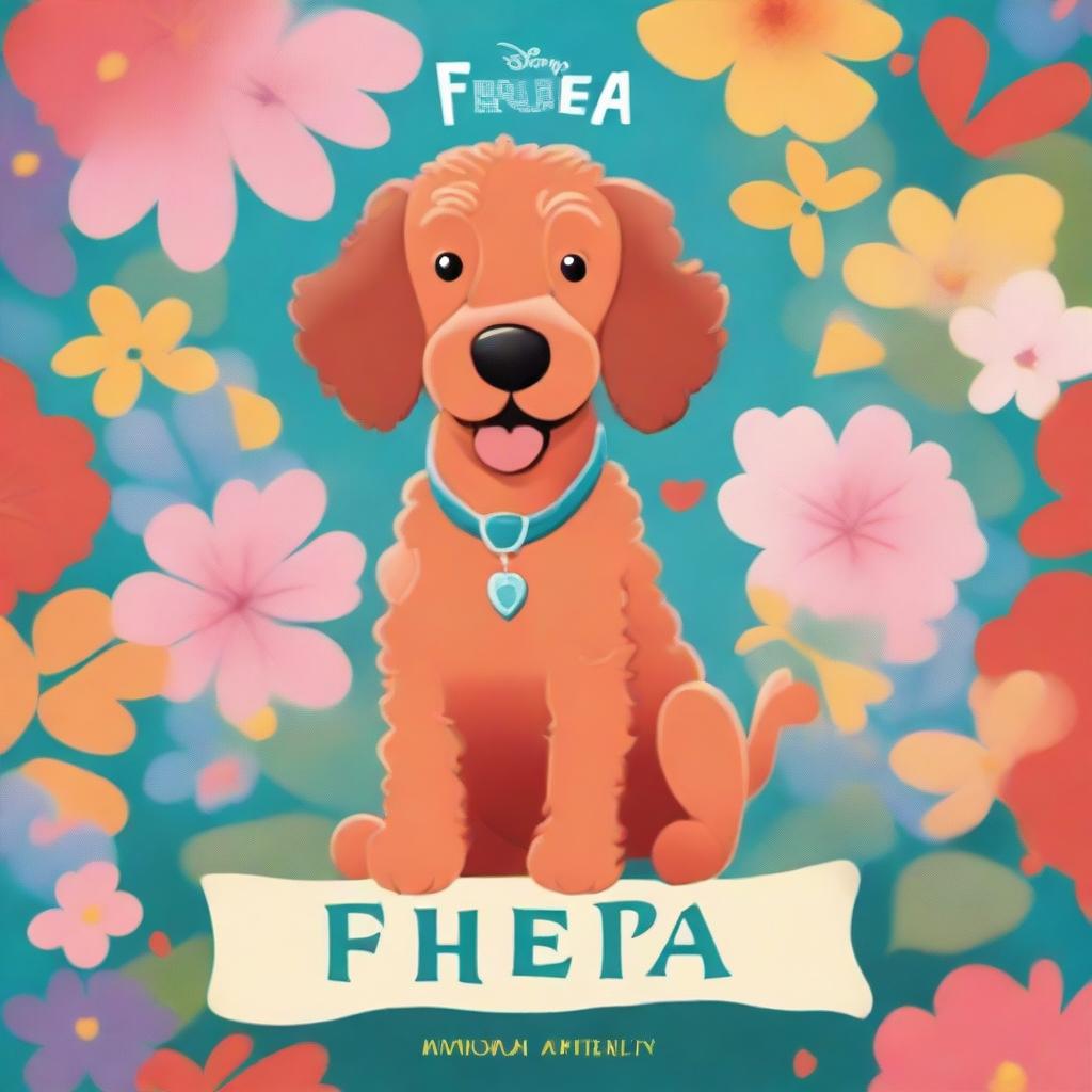 A Disney-style movie poster featuring a small red curly labradoodle named Freya