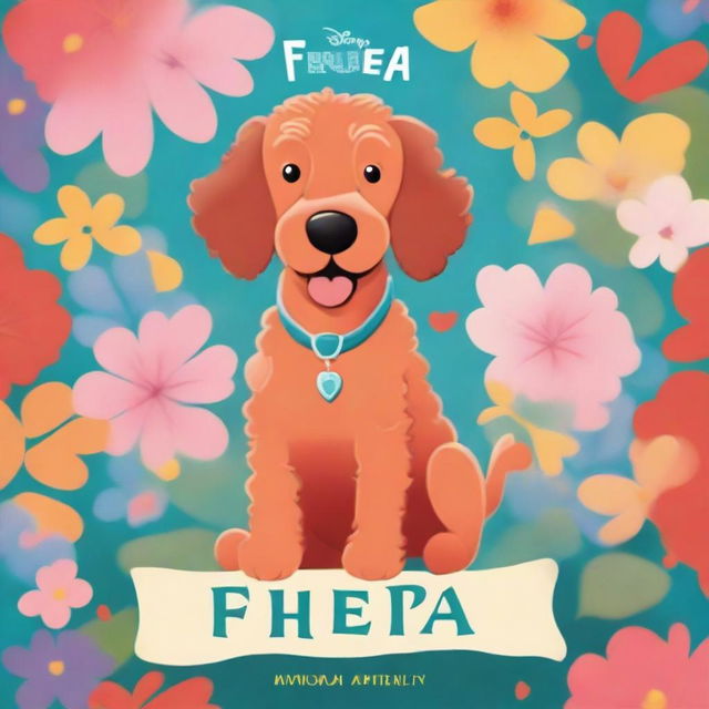 A Disney-style movie poster featuring a small red curly labradoodle named Freya