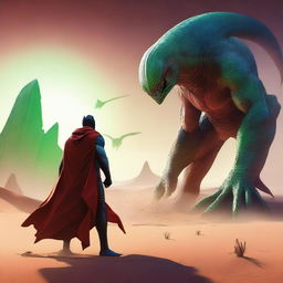 A superhero facing off against a sand Drake on a desert planet