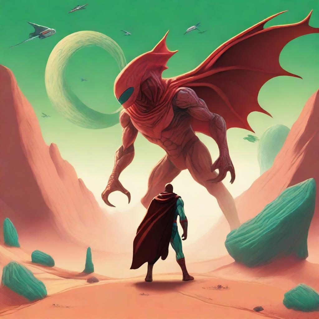 A superhero facing off against a sand Drake on a desert planet