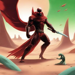 A superhero facing off against a sand Drake on a desert planet