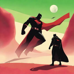 A superhero in an all black suit facing off against a sand Drake on a desert planet