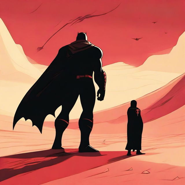 A superhero in an all black suit facing off against a sand Drake on a desert planet