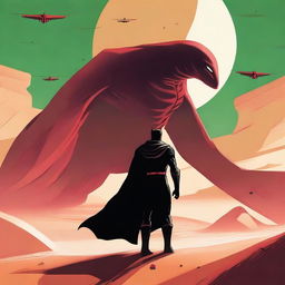 A superhero in an all black suit facing off against a sand Drake on a desert planet