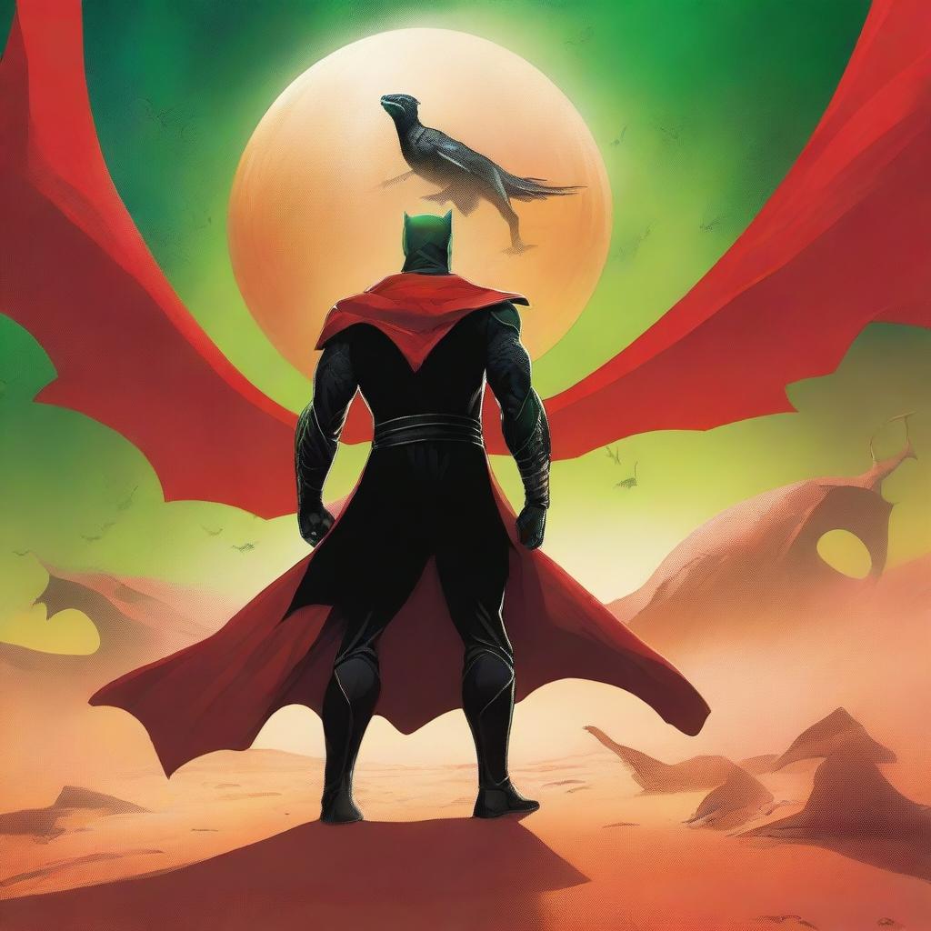 A superhero in an all-black suit stands ready to face off against a menacing sand Drake on a desert planet