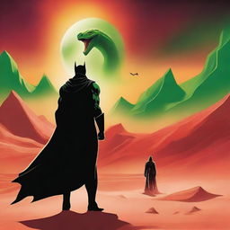 A superhero in an all-black suit stands ready to face off against a menacing sand Drake on a desert planet