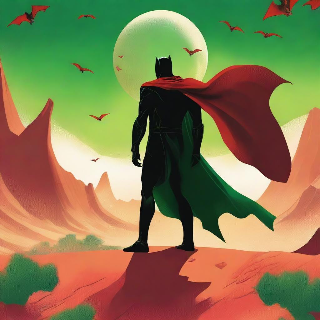 A superhero in an all-black suit stands ready to face off against a menacing sand Drake on a desert planet