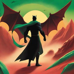 A superhero in an all-black suit stands ready to face off against a menacing sand Drake on a desert planet