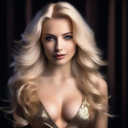 A seductive blonde woman with flowing hair, wearing a glamorous outfit that accentuates her curves