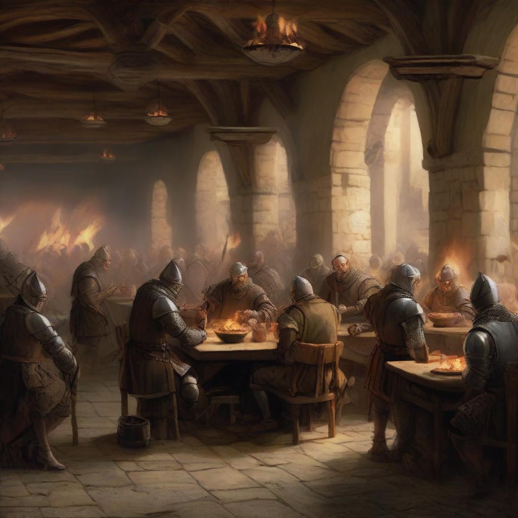 A bustling medieval cafeteria filled with knights, peasants, and noblemen enjoying their meals