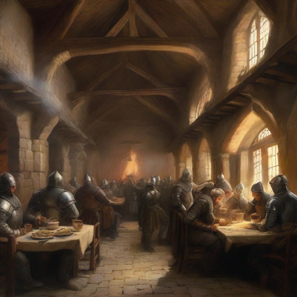 A bustling medieval cafeteria filled with knights, peasants, and noblemen enjoying their meals