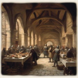 A bustling medieval cafeteria filled with knights, peasants, and noblemen enjoying their meals