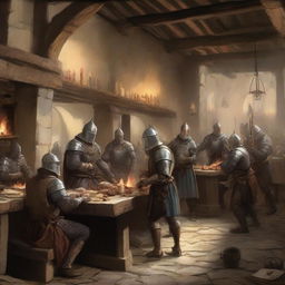 A bustling medieval cafeteria filled with knights, peasants, and noblemen enjoying their meals