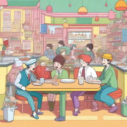 A lively cafeteria filled with quirky and eccentric characters