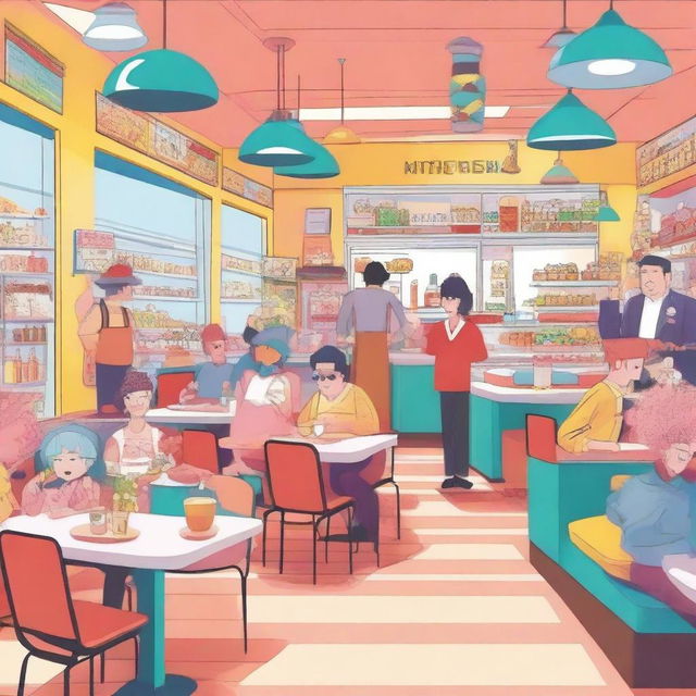 A lively cafeteria filled with quirky and eccentric characters