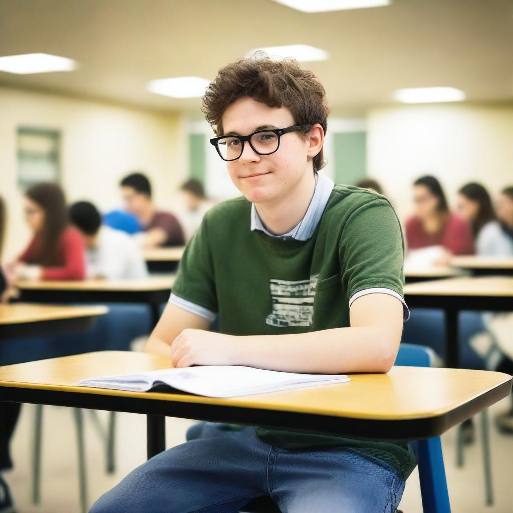 A nerdy student sitting alone in a high school cafeteria, surrounded by books and a laptop