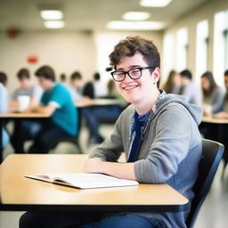 A nerdy student sitting alone in a high school cafeteria, surrounded by books and a laptop