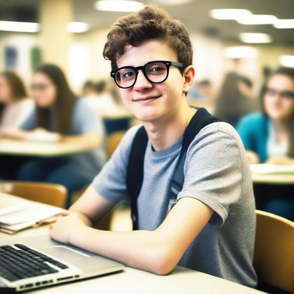 A nerdy student sitting alone in a high school cafeteria, surrounded by books and a laptop