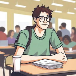 A nerdy student sitting alone in a high school cafeteria, surrounded by books and a laptop