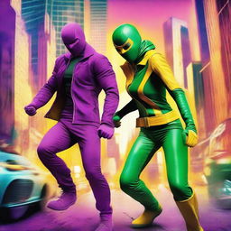 A vibrant and action-packed scene inspired by the Kick-Ass movie, featuring the main characters in their iconic costumes