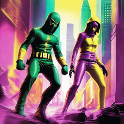 A vibrant and action-packed scene inspired by the Kick-Ass movie, featuring the main characters in their iconic costumes