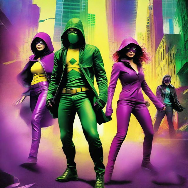 A vibrant and action-packed scene inspired by the Kick-Ass movie, featuring the main characters in their iconic costumes