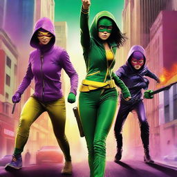 A vibrant and action-packed scene inspired by the Kick-Ass movie, featuring the main characters in their iconic costumes